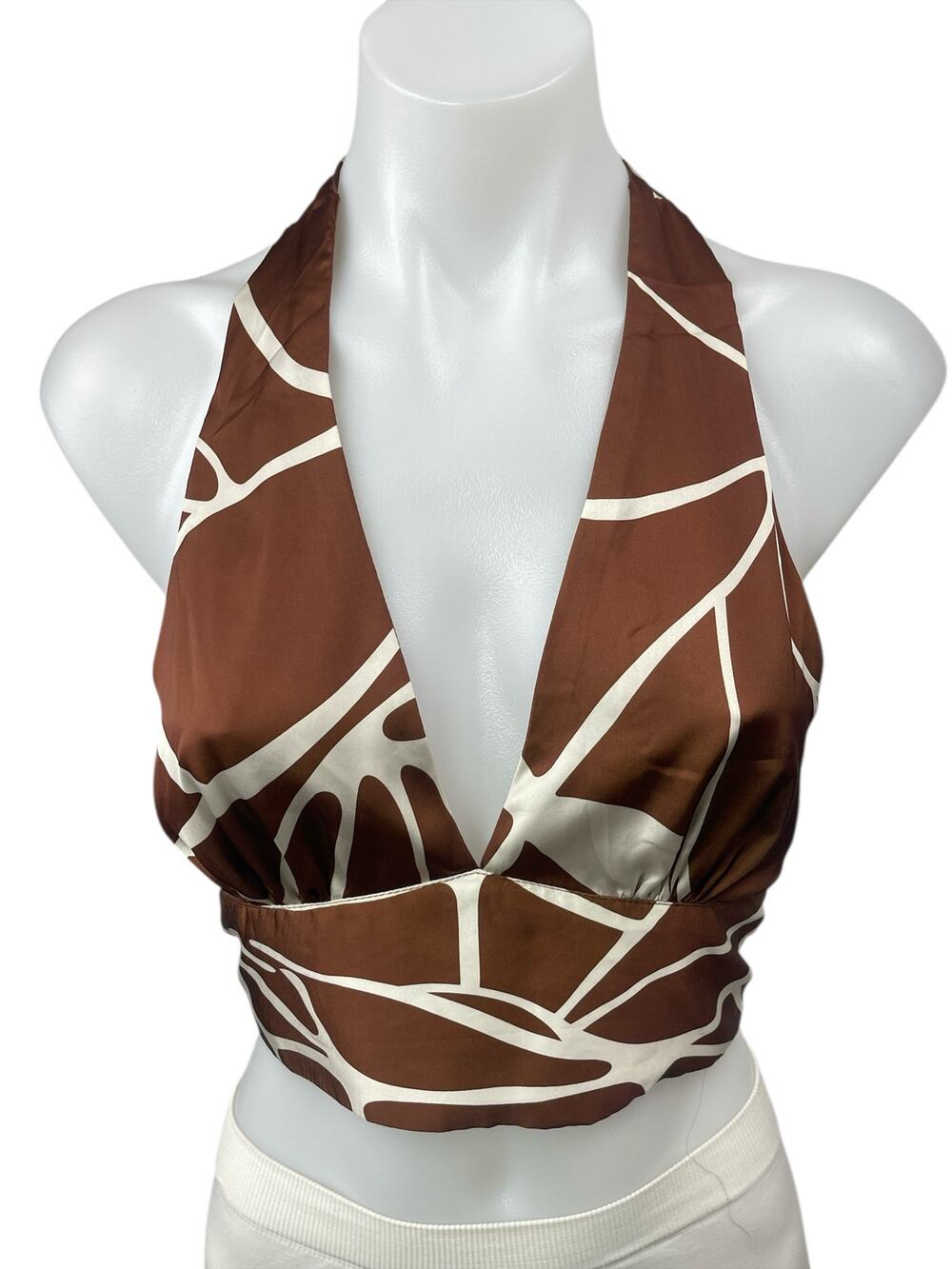 Victoria + Sophia Brown Halter Sleeveless Open Back Plunge V Blouse Crop Top S